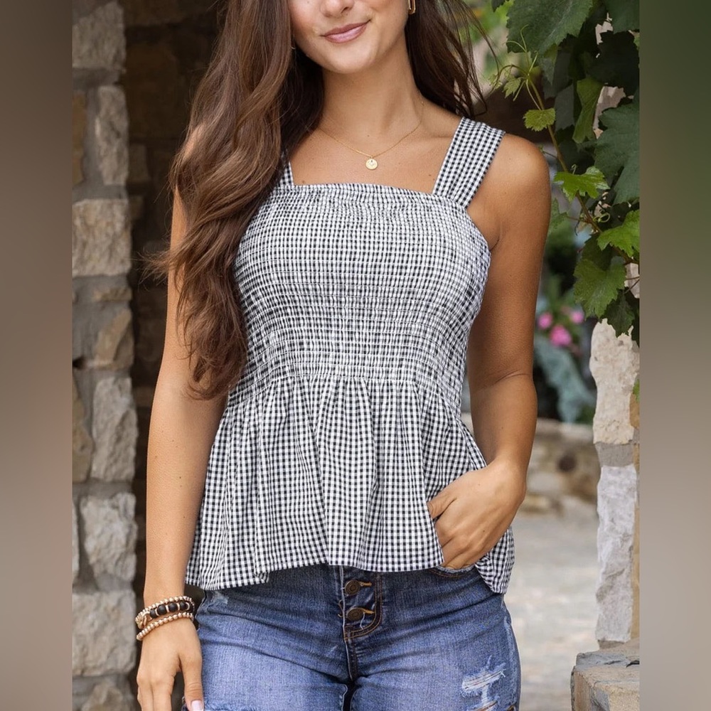 Smocked gingham grace and lace top